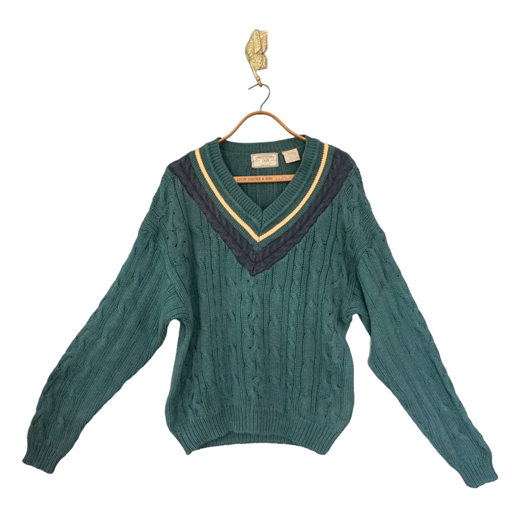 VTG 90s New River Co Chunky Cable Knit Men Sweater XL Cricket Tennis Preppy Ivy